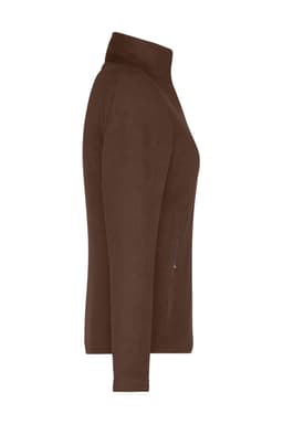 A brown ladies fleece jacket featuring a high collar and side zip pockets, with a branding logo.