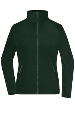 A dark green ladies fleece jacket with a zip front and two side pockets. It features a high collar and has a logo.