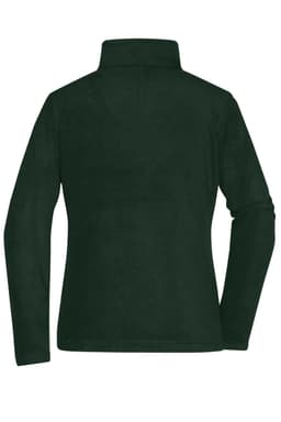 A dark green fleece jacket with a high collar, featuring a smooth texture and long sleeves, has a logo.