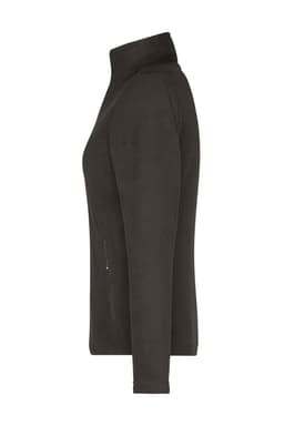A ladies' polar fleece jacket in black, featuring a high collar and zippered pockets. Branding is present.