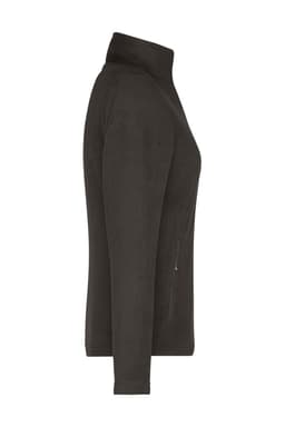 A black fleece jacket with a high collar and side pockets, featuring a logo on the front.