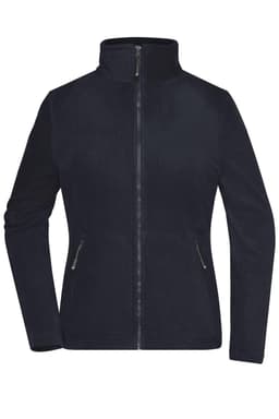 A ladies' polar fleece jacket in black featuring a full zip and two side pockets. It has a branding logo.