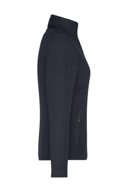 A ladies' fleece jacket in navy blue, featuring a zippered pocket and a high collar. It has a logo on the sleeve.