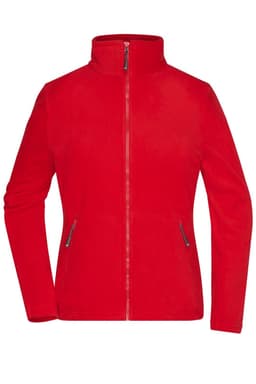 A red polar fleece jacket with a high collar and zippered pockets, featuring a logo on the design.