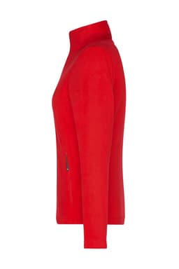 A red ladies fleece jacket with a high collar and zippered pocket on the side. The jacket features a logo.