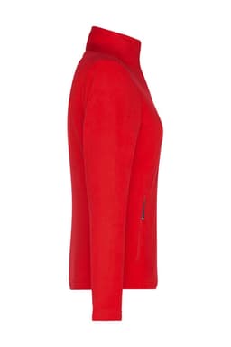 A red polar fleece jacket featuring a zippered pocket and a high collar. It has a logo on the garment.