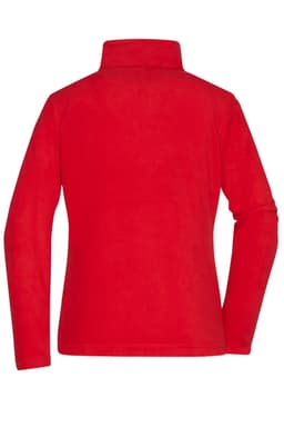 A red fleece jacket with a high collar and long sleeves, featuring a logos on the back.