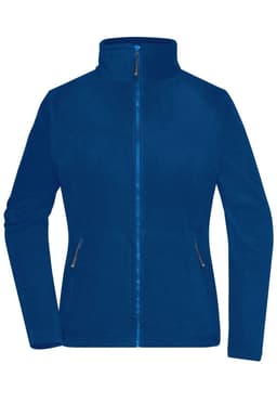 A blue fleece jacket with a zip front and side pockets, featuring a logo on the chest.