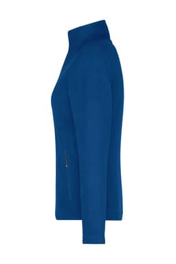 A side view of a blue ladies fleece jacket with a zip and a fold-down collar. It features a logo on the front.