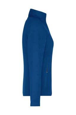 A blue fleece jacket featuring a high collar and a zippered pocket on the side, with a logo present.
