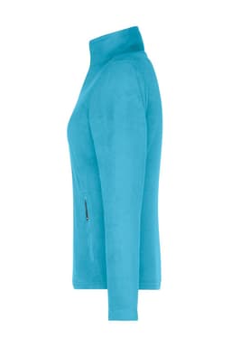 A ladies' polar fleece jacket in bright turquoise, featuring a zippered pocket and a high collar.