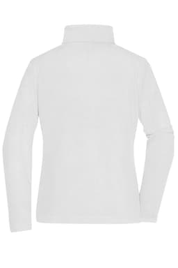A white polar fleece jacket with a high collar and long sleeves, featuring a logo on the back.