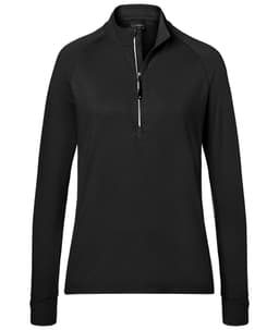 A black ladies' sports shirt with a half-zip design, featuring long sleeves and a subtle logo.
