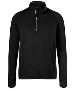 A men's half-zip sports shirt in black, featuring long sleeves and a branded logo.
