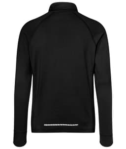 A black men's sports shirt with a half-zip design and a subtle logo on the back.