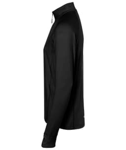 A black men's sports shirt with a half zip and long sleeves, featuring a logo on the fabric.