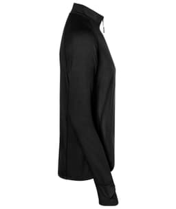 A black half-zip men's sports shirt with long sleeves, featuring a logo on the chest.
