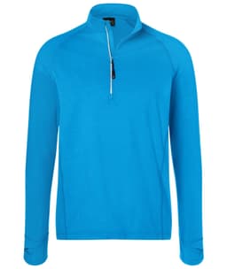 A bright blue men's sports shirt featuring a half-zip design and long sleeves. It includes a logo on the chest area.