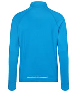A blue men's sports shirt with a half zip and long sleeves, featuring a logo on the back.