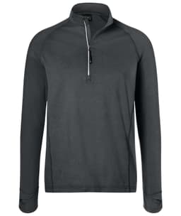 A men's half-zip sports shirt in a dark grey colour, featuring long sleeves and a zippered neck. It includes a logo.