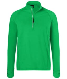 A green half-zip sports shirt for men with long sleeves and a collar, featuring a logo.