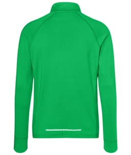 A green men's sports shirt with a half-zip design and a logo on the back.