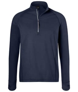 A navy blue men's sports shirt featuring a half-zip design and long sleeves. It includes a logo on the chest.