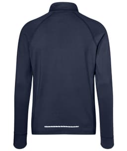 A navy blue men's sports shirt with a half zip and a logo on the back.