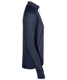 A navy half-zip men's sports shirt with long sleeves. Features a collar and a logo on the chest.