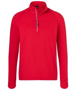 A red half-zip sports shirt with long sleeves, featuring a zipper at the collar and a logo.