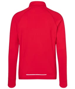 A red half-zip men's sports shirt featuring long sleeves and a subtle logo on the back.