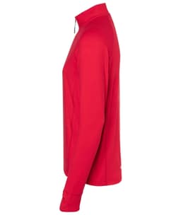 A red men's sports shirt with a half-zip design and long sleeves. The shirt features a logo.