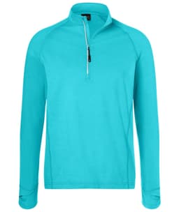 A turquoise half-zip sports shirt with long sleeves and a zippered collar. Features a logo on the chest.