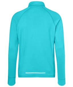 A turquoise men's sports shirt with a half-zip collar and long sleeves, featuring a logo on the back.
