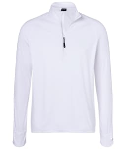 A white half-zip men's sports shirt with long sleeves and a zipper at the collar, featuring a small logo.