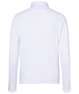 A white men's sports shirt with a half-zip and long sleeves, featuring a collar and a logo.