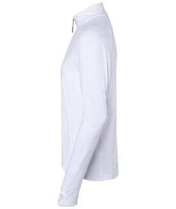 A white half-zip sports shirt with long sleeves, featuring a logo on the side.