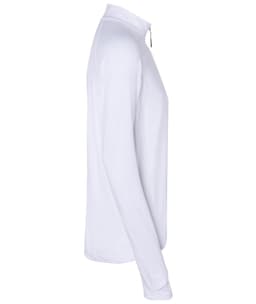 A white men's sports shirt with a half zip and long sleeves, featuring a logo on it.