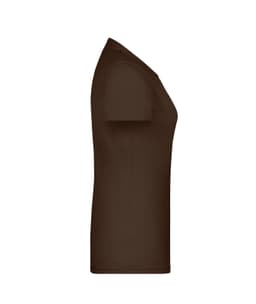 A brown T-shirt with a fitted design, featuring short sleeves and a crew neckline. It has a branding logo.
