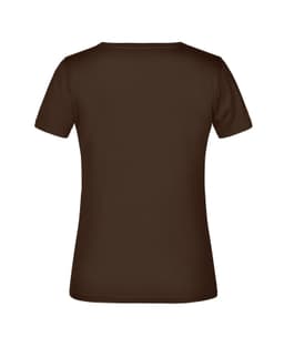 A brown women's t-shirt with a round neckline and short sleeves, featuring a branding logo.