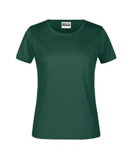 A green women's T-shirt featuring a round neck and short sleeves, with a logo on the label.