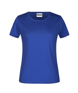 A blue women's short-sleeve T-shirt with a round neckline and a logo on the label.