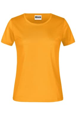 A yellow women's T-shirt featuring a crew neck and short sleeves, with a logo on the label.