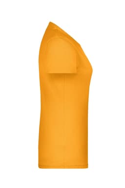 A side view of an orange T-shirt with short sleeves. The shirt has a logo on it.
