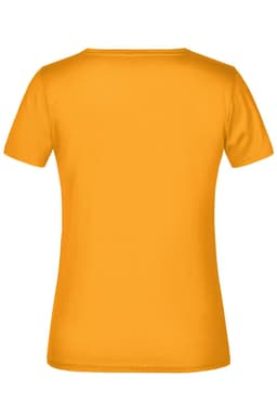 A bright yellow women's t-shirt featuring a round neck and short sleeves. The back is plain with a branding logo.