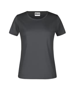 A dark grey women's T-shirt with short sleeves and a round neckline. It has a small logo on the label.