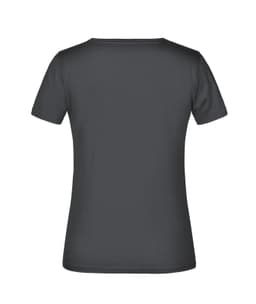 A dark grey women's t-shirt with a round neck and short sleeves, featuring a logo on the back.