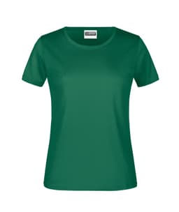 A green women's t-shirt with short sleeves and a round neckline, featuring a logo.