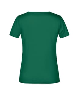 A green women's t-shirt with short sleeves and a plain back, featuring a logo.