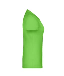 A green women's t-shirt with short sleeves and a fitted design, featuring a logo on the side.